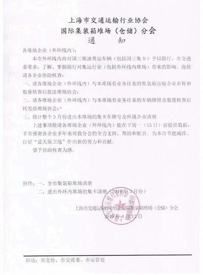 上海市交通运输行业协会国际集装箱堆场（仓储）分会发布通告：外环线内将对国三柴油货运车辆（包括国三集卡）予以限行
